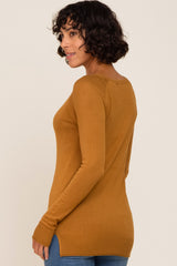 Camel Ribbed Knit Side Slit Sweater