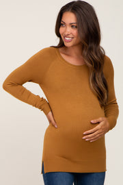 Camel Ribbed Knit Side Slit Maternity Sweater