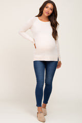 Beige Ribbed Knit Side Slit Maternity Sweater