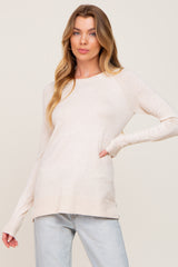 Beige Ribbed Knit Side Slit Maternity Sweater