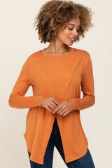 Camel Solid Front Overlap Maternity Long Sleeve Nursing Top