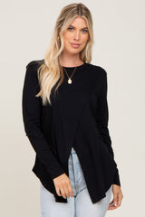 Black Solid Front Overlap Maternity Long Sleeve Top