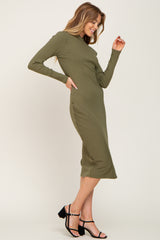 Olive Ribbed Long Sleeve Mock Neck Midi Dress