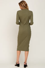 Olive Ribbed Long Sleeve Mock Neck Midi Dress