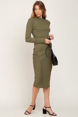 Olive Ribbed Long Sleeve Mock Neck Midi Dress