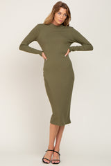 Olive Ribbed Long Sleeve Mock Neck Midi Dress