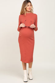 Rust Ribbed Long Sleeve Mock Neck Maternity Midi Dress