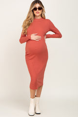 Rust Ribbed Long Sleeve Mock Neck Maternity Midi Dress