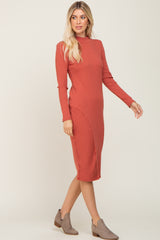 Rust Ribbed Long Sleeve Mock Neck Midi Dress