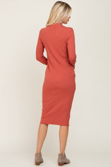 Rust Ribbed Long Sleeve Mock Neck Midi Dress