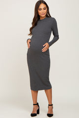 Charcoal Ribbed Long Sleeve Mock Neck Maternity Midi Dress