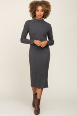 Charcoal Ribbed Long Sleeve Mock Neck Maternity Midi Dress