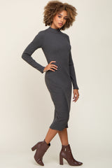 Charcoal Ribbed Long Sleeve Mock Neck Midi Dress