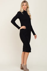 Black Ribbed Long Sleeve Mock Neck Midi Dress