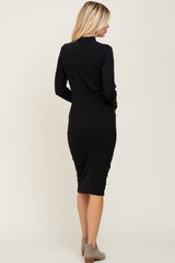 Black Ribbed Long Sleeve Mock Neck Midi Dress