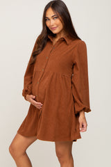 Brown Corduroy Button Down Maternity Dress