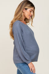 Blue Puff Sleeve Maternity Sweater