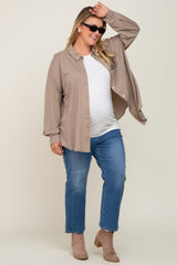 Taupe Button Down Front Pocket Maternity Plus Top