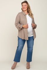 Taupe Button Down Front Pocket Maternity Plus Top