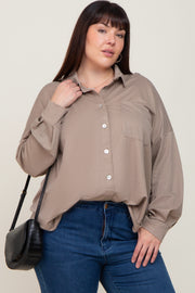 Taupe Button Down Front Pocket Plus Top