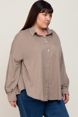 Taupe Button Down Front Pocket Plus Top