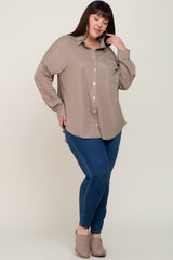 Taupe Button Down Front Pocket Plus Top