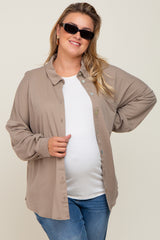 Taupe Button Down Front Pocket Maternity Plus Top