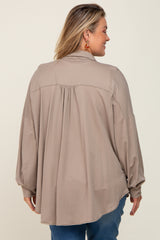 Taupe Button Down Front Pocket Maternity Plus Top