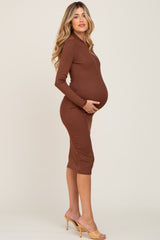 Brown Ribbed Fitted Mock Neck Long Sleeve Maternity Dress