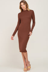 Brown Ribbed Fitted Mock Neck Long Sleeve Maternity Dress