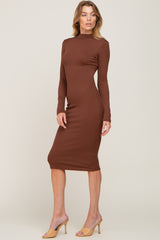 Brown Ribbed Fitted Mock Neck Long Sleeve Dress