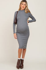 Heather Grey Ribbed Fitted Mock Neck Long Sleeve Maternity Dress