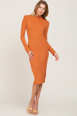 Orange Ribbed Fitted Mock Neck Long Sleeve Maternity Dress