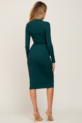 Hunter Green Ribbed Fitted Mock Neck Long Sleeve Maternity Dress