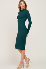 Hunter Green Ribbed Fitted Mock Neck Long Sleeve Dress