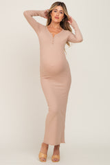 Taupe Ribbed Long Sleeve Maternity Maxi Dress