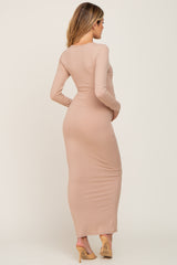 Taupe Ribbed Long Sleeve Maternity Maxi Dress