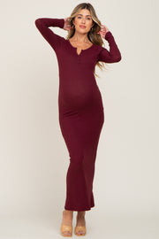 Burgundy Ribbed Long Sleeve Maternity Maxi Dress