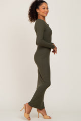 Olive Ribbed Long Sleeve Maxi Dress