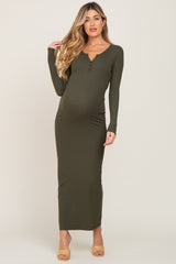 Olive Ribbed Long Sleeve Maternity Maxi Dress