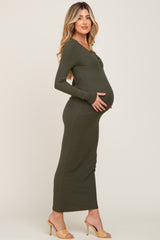 Olive Ribbed Long Sleeve Maternity Maxi Dress