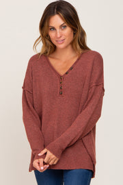 Rust Henley Slit Hem Top