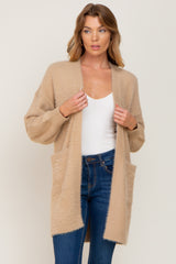 Beige Fuzzy Long Maternity Cardigan