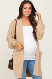 Beige Fuzzy Long Maternity Cardigan