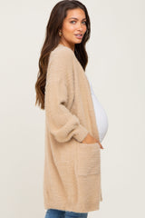 Beige Fuzzy Long Maternity Cardigan