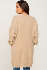 Beige Fuzzy Long Maternity Cardigan