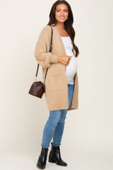 Beige Fuzzy Long Maternity Cardigan