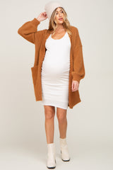 Camel Fuzzy Long Maternity Cardigan