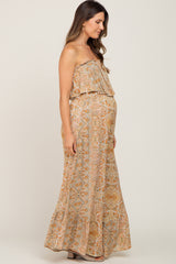 Taupe Floral Sleeveless Wide Leg Maternity Jumpsuit