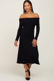 Black Ribbed Knit Foldover Off Shoulder Midi Dress